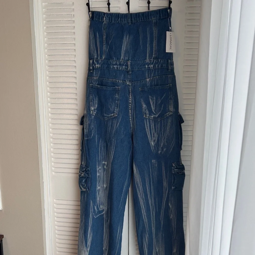 Loragal Denim Cargo Jumpsuit Strapless Wide Leg Y2K Utility NWT - Picture 8 of 16